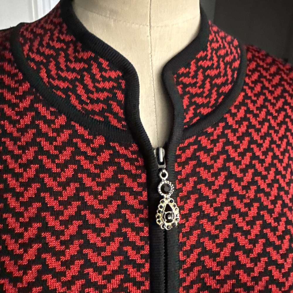 Exclusively Misook Zip Front Sparkling Red Herringbone Cardigan XL Quiet Luxury